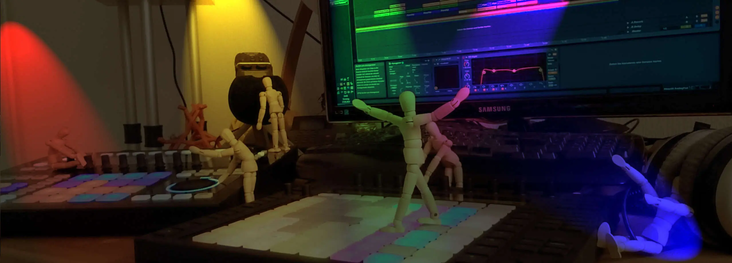 Panta Flux-Studio – Holzfiguren auf Push 2 und Maschine Studio vor Ableton Live